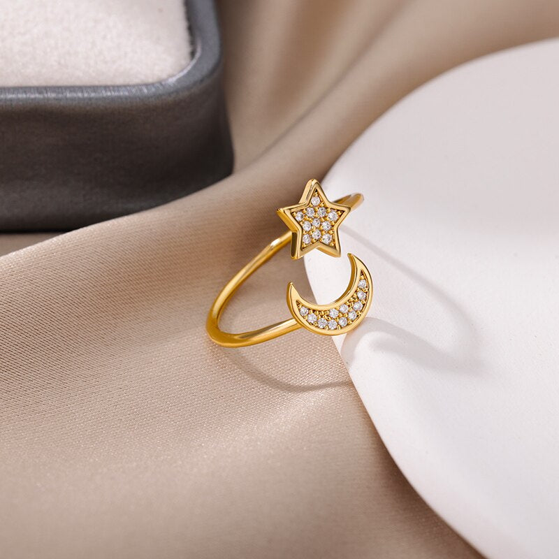 Zircon Star Moon Rings Stainelss Steel Open Adjustable Double Geometric