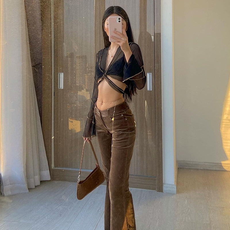 Mesh Tie Detail Deep V Neck Long Sleeve