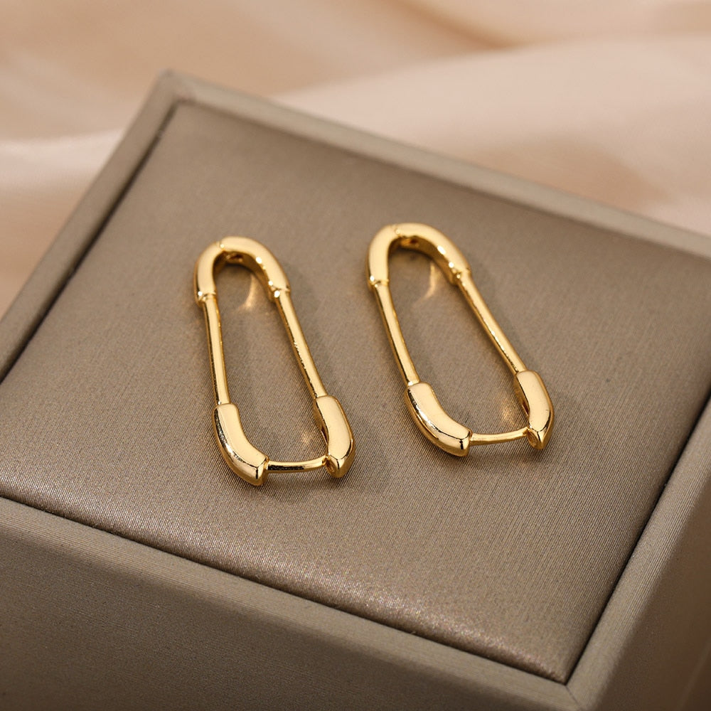 Geometric Safety Pin Earrings Stainless Steel Plated
