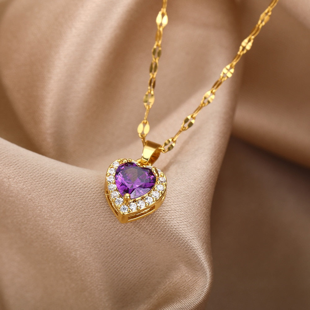 Aesthetic Purple Zircon Love Heart Pendant Necklace Stainless Steel
