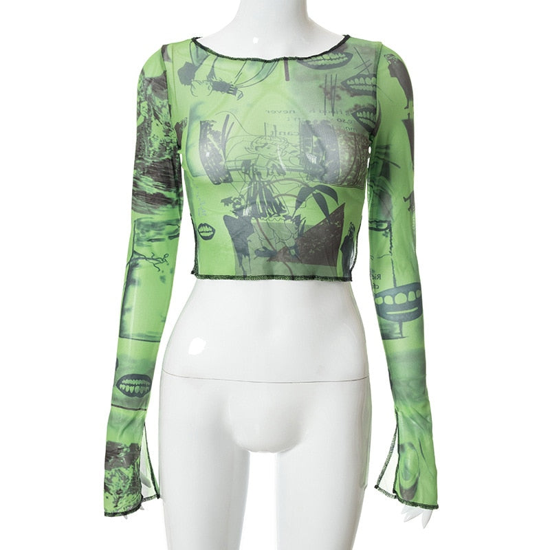 Mesh Long Flare Sleeve Graphic Print