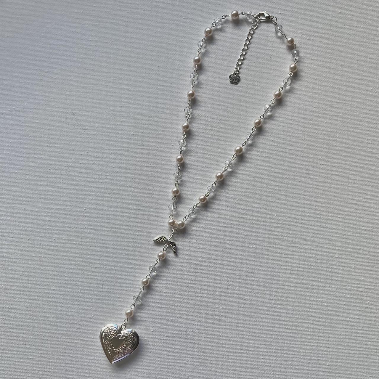 Faux Pearl Rosary Heart Locket Necklace