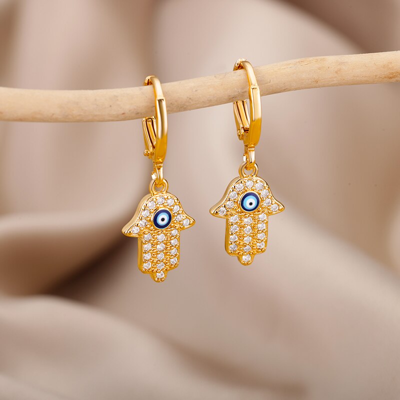 Gold Color Blue Evil Eye Hoop Earrings