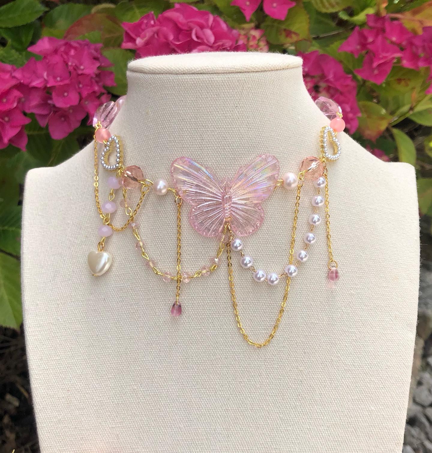 Ethereal Fairycore Asymmetrical Butterfly Faux Pearl Pink Golden Necklace