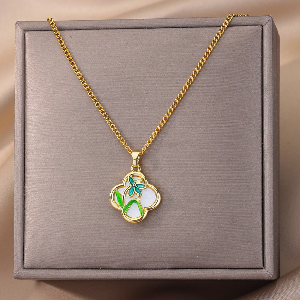 Four Leaf Clover Pendant Necklace For Women Stainless Steel Gold Color