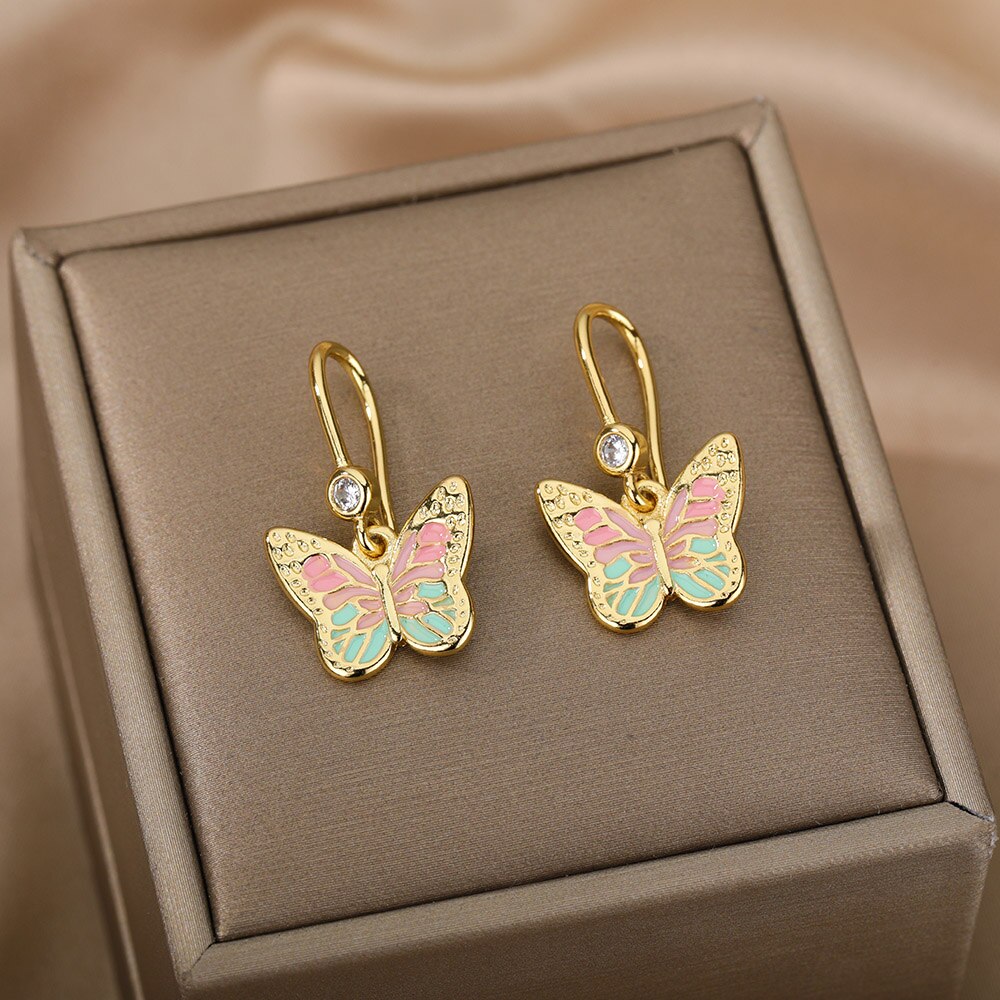 Colorful Golden Stainless Steel Butterfly Earrings