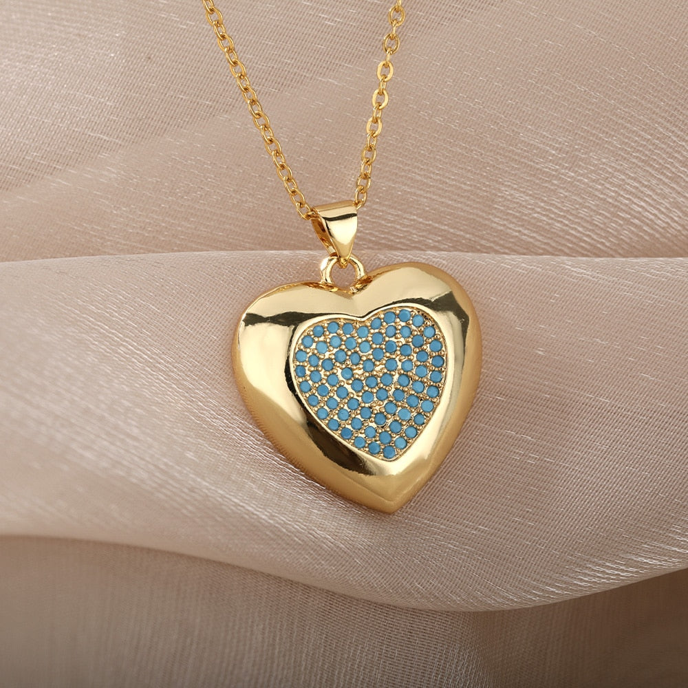 Cute Stainless Steel Five Colors Zircon Heart Pendant Necklace