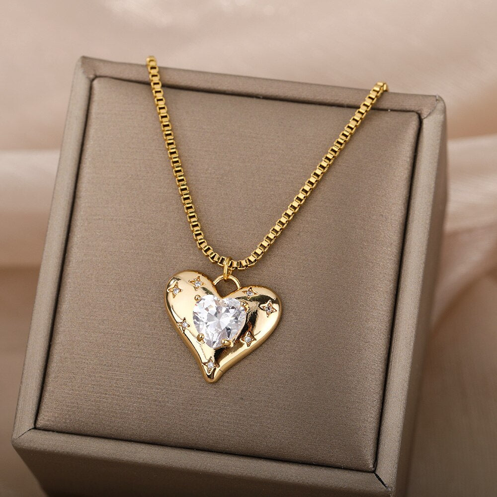 Rhinestone Heart Zircon Necklace Stainless Steel