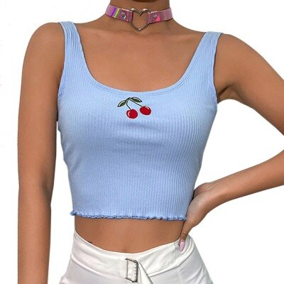 Cute Cotton Ribbed Cherry Embroidered Baby Blue Cami