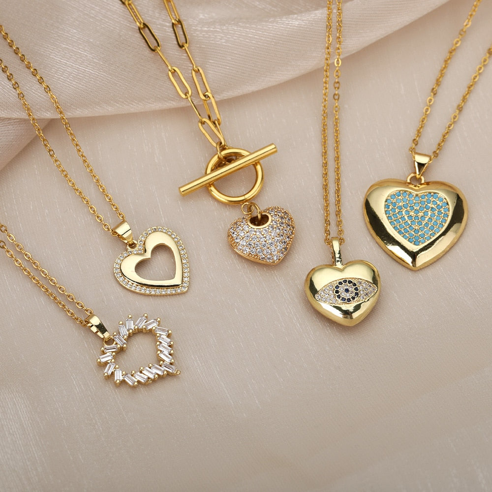 Cute Stainless Steel Five Colors Zircon Heart Pendant Necklace