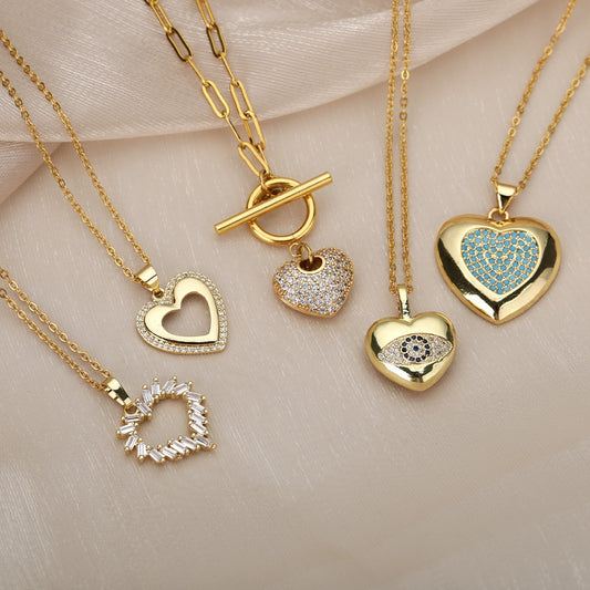 Cute Stainless Steel Five Colors Zircon Heart Pendant Necklace