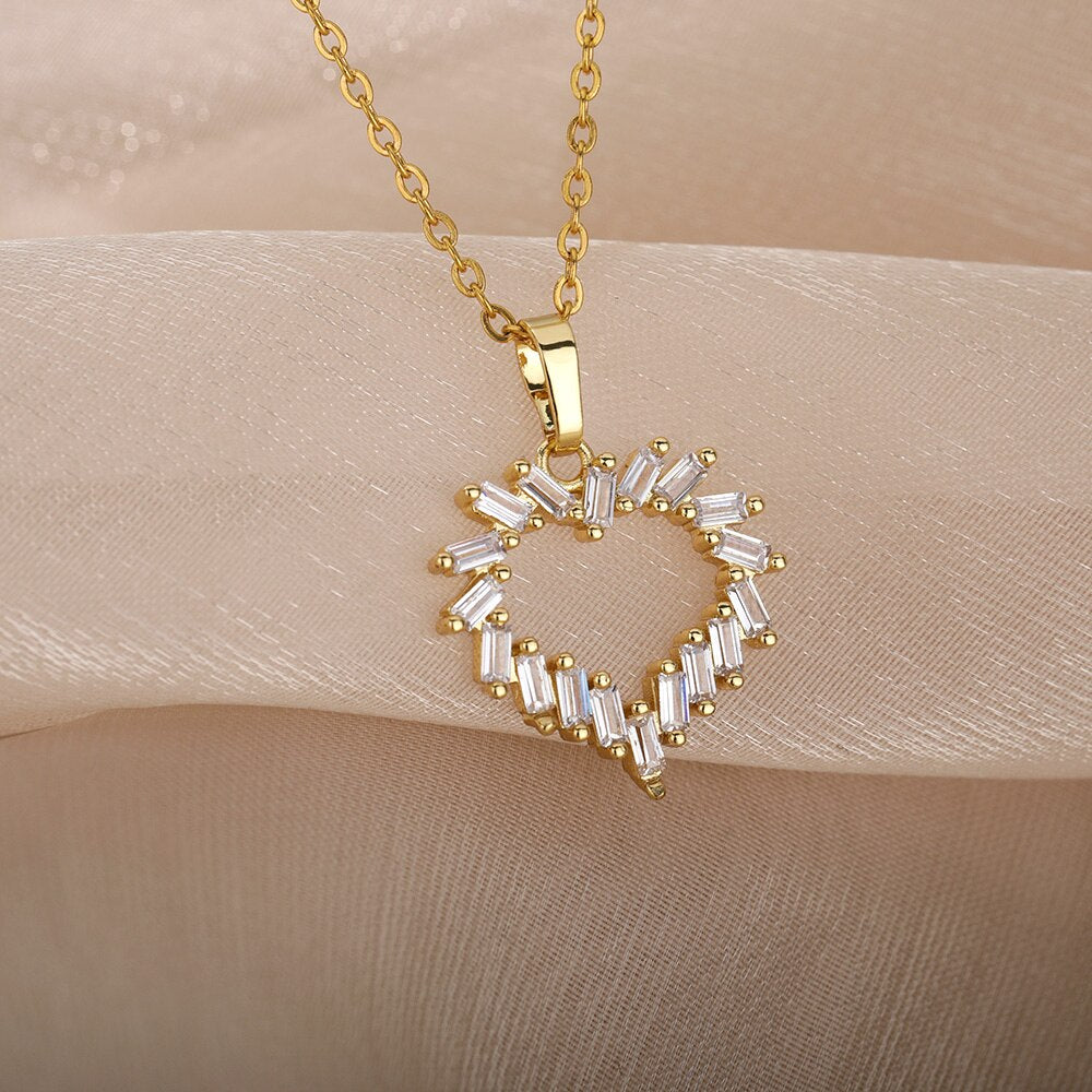 Cute Stainless Steel Five Colors Zircon Heart Pendant Necklace