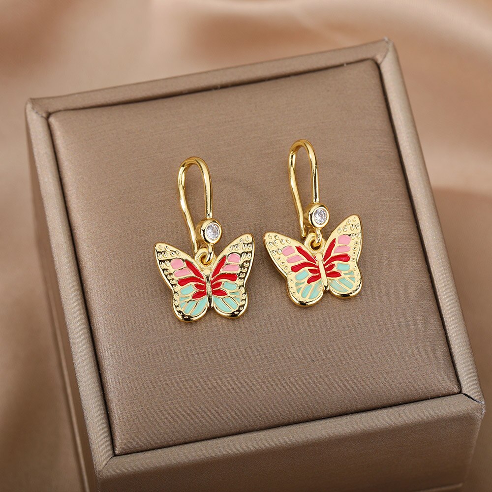 Colorful Golden Stainless Steel Butterfly Earrings