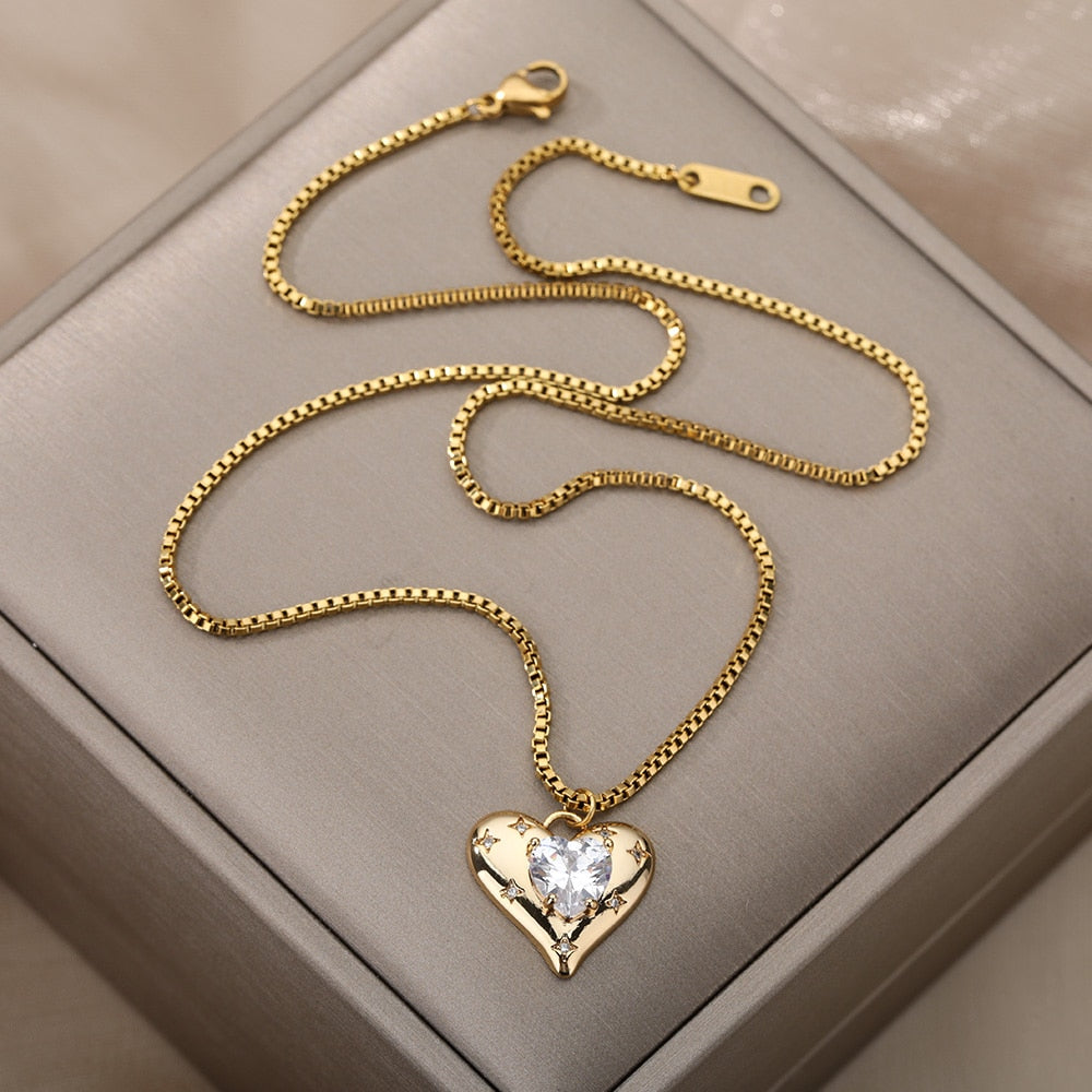 Rhinestone Heart Zircon Necklace Stainless Steel