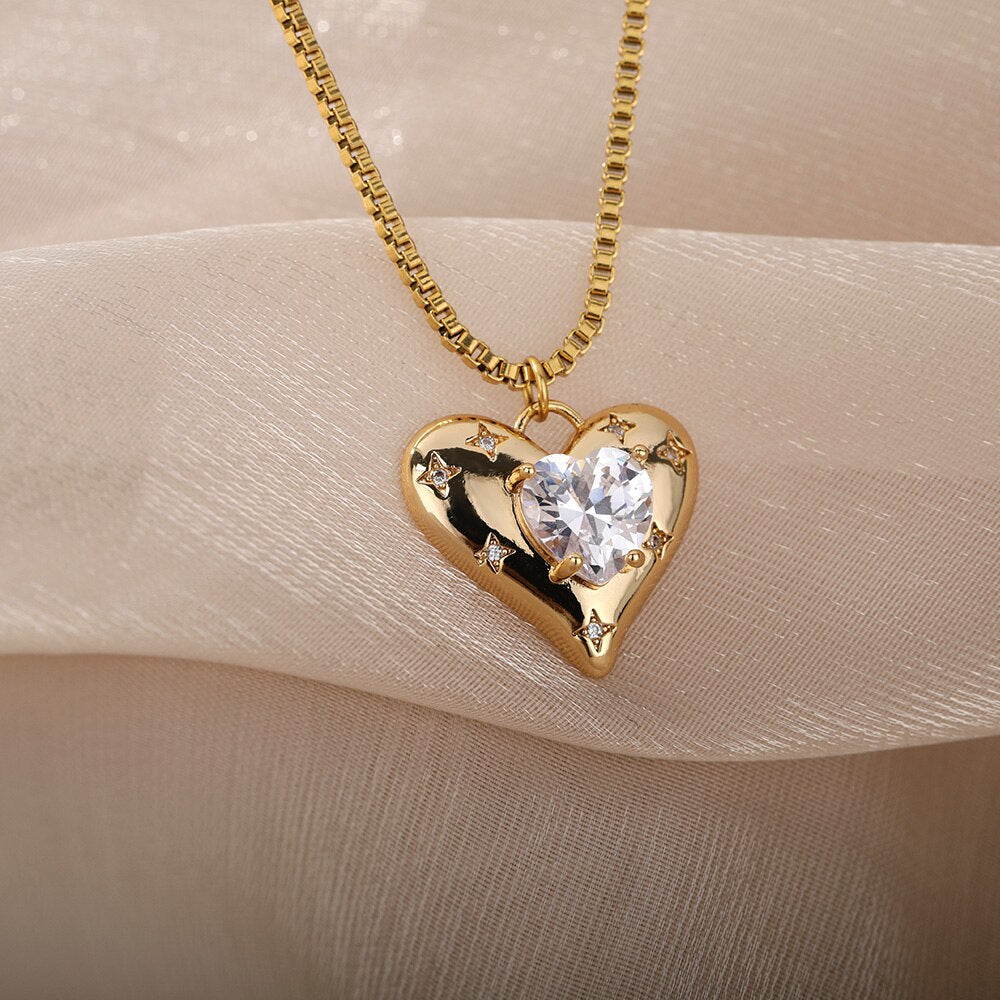 Rhinestone Heart Zircon Necklace Stainless Steel