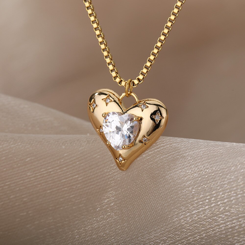 Rhinestone Heart Zircon Necklace Stainless Steel