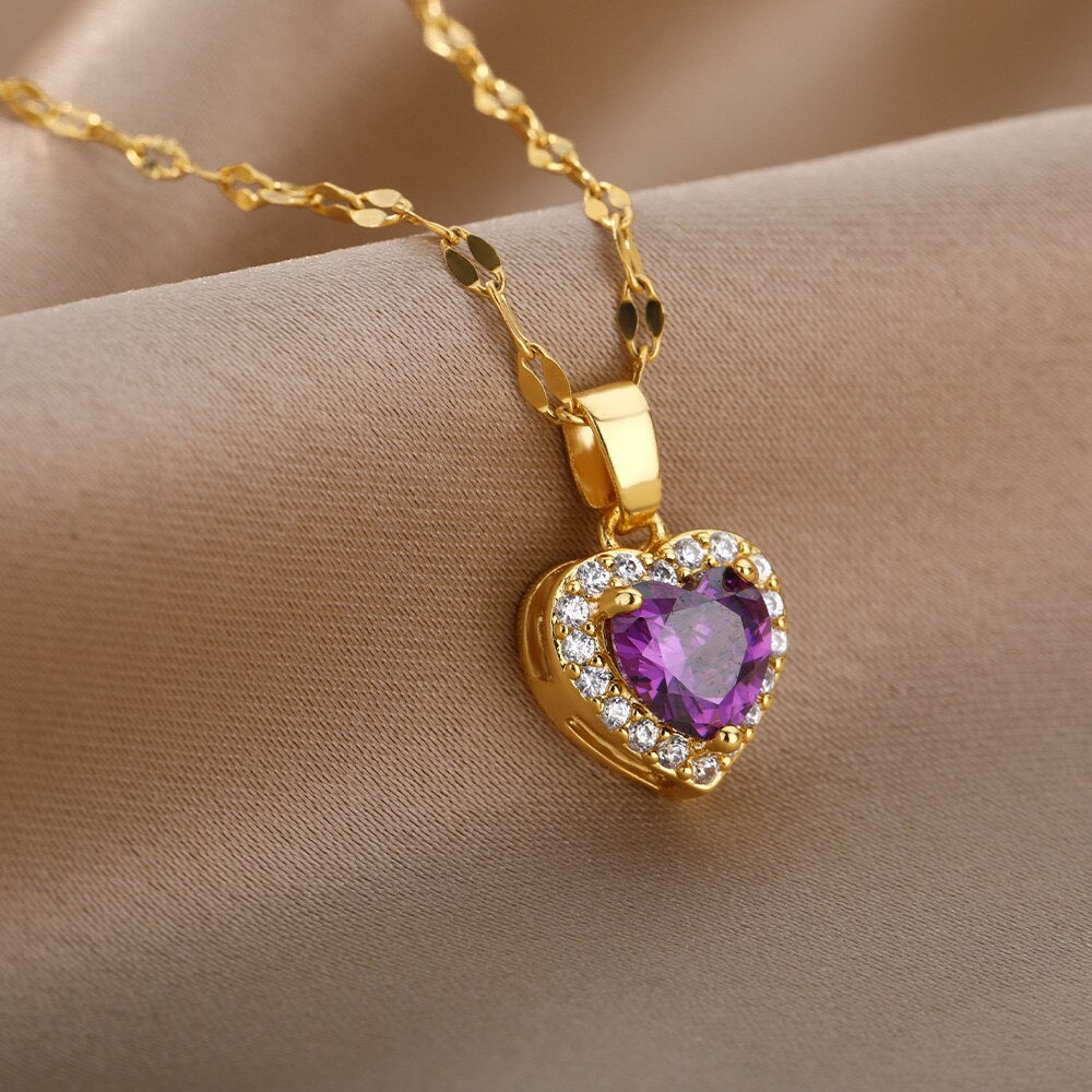 Aesthetic Purple Zircon Love Heart Pendant Necklace Stainless Steel