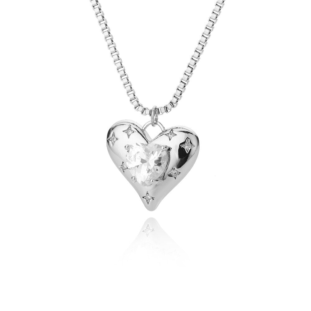 Rhinestone Heart Zircon Necklace Stainless Steel