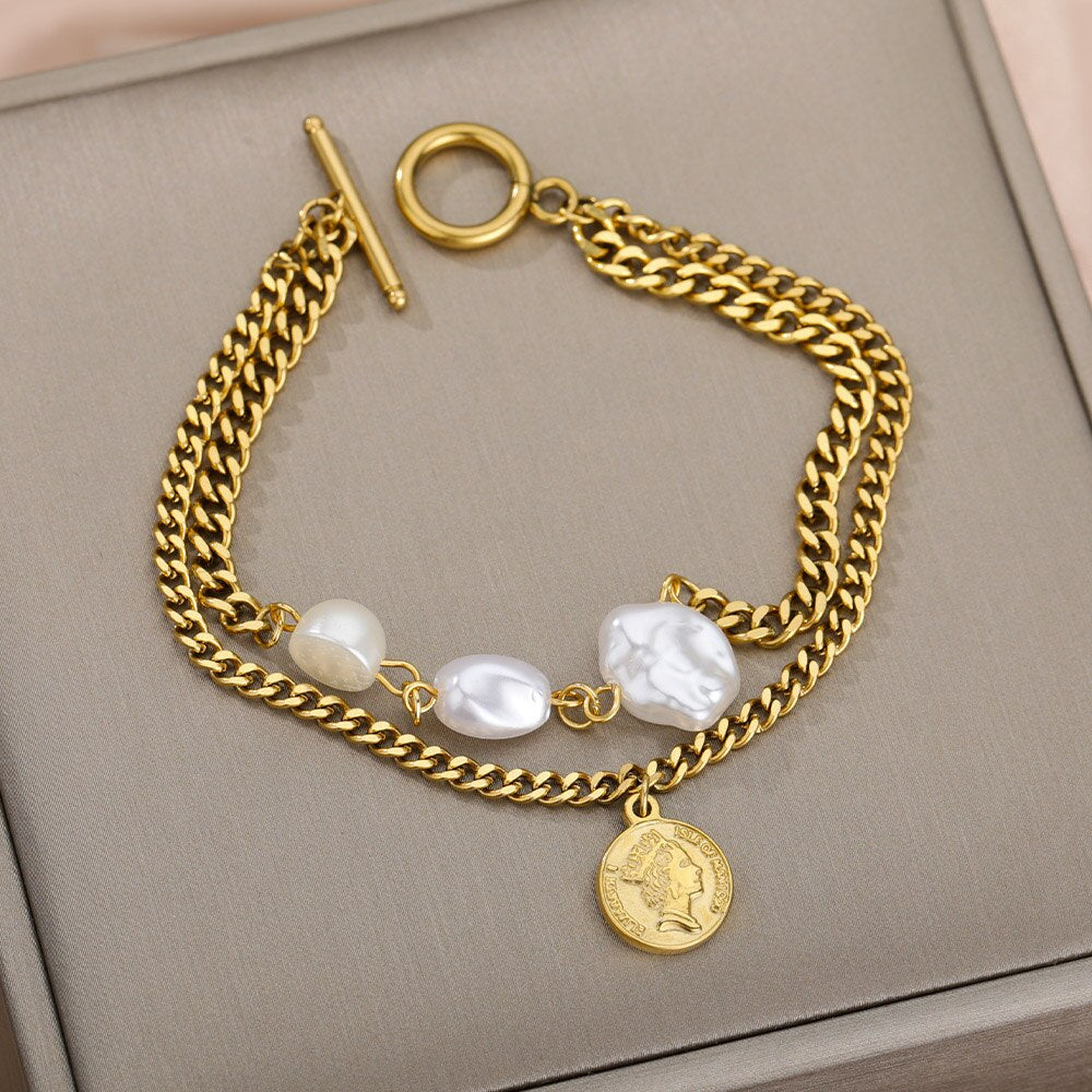 Buckle Coin Pendant Wrist Bracelets Imitation Pearl Metal Copper Chain Bracelet