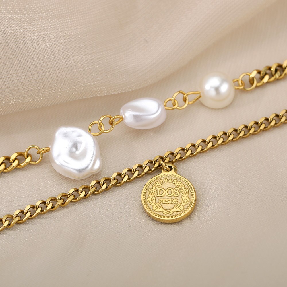 Buckle Coin Pendant Wrist Bracelets Imitation Pearl Metal Copper Chain Bracelet