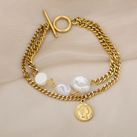 Buckle Coin Pendant Wrist Bracelets Imitation Pearl Metal Copper Chain Bracelet