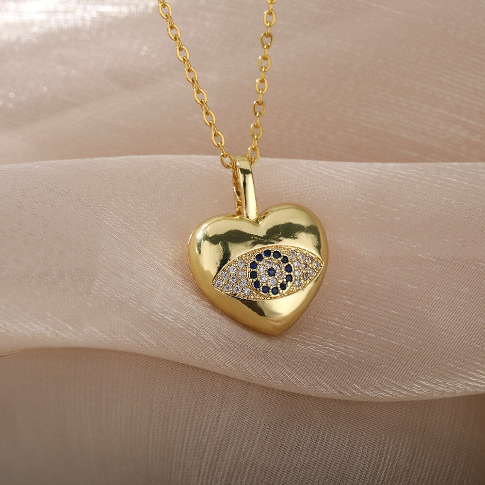 Cute Stainless Steel Five Colors Zircon Heart Pendant Necklace