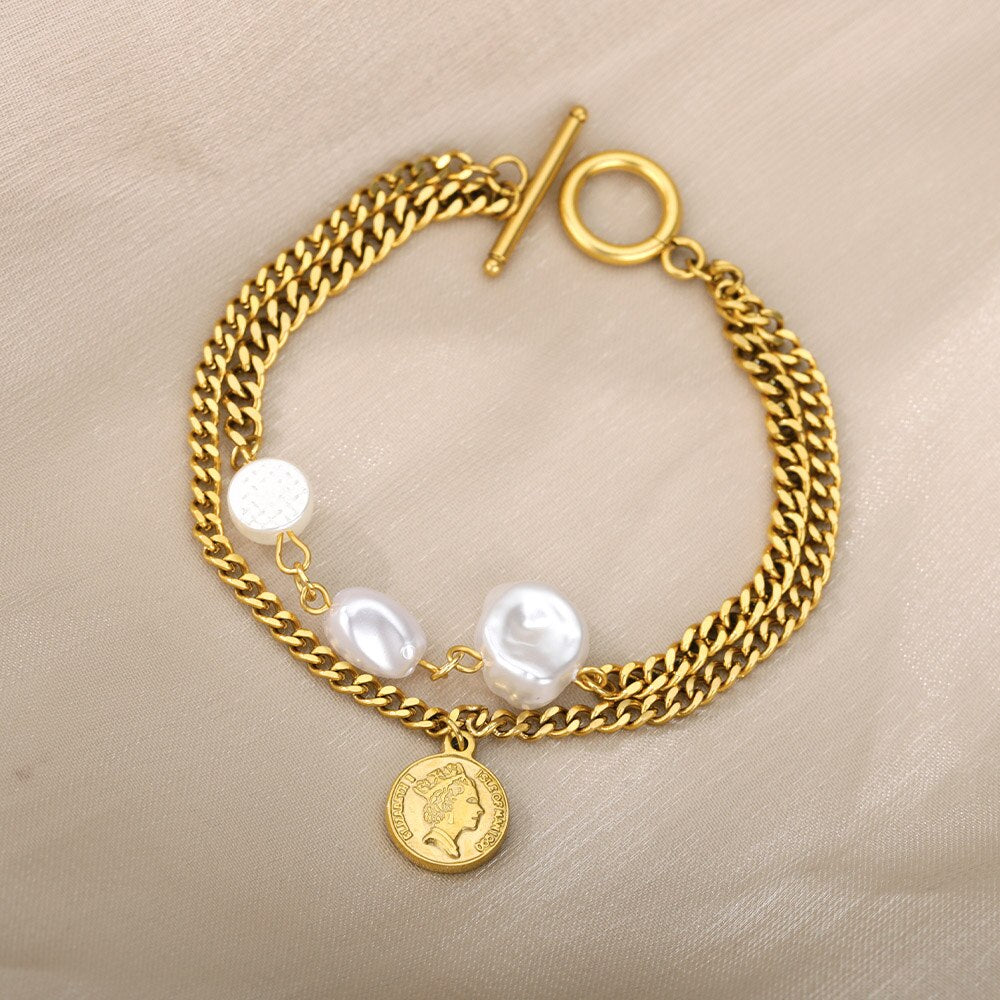 Buckle Coin Pendant Wrist Bracelets Imitation Pearl Metal Copper Chain Bracelet