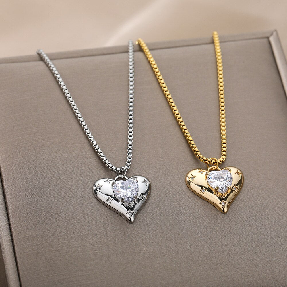 Rhinestone Heart Zircon Necklace Stainless Steel