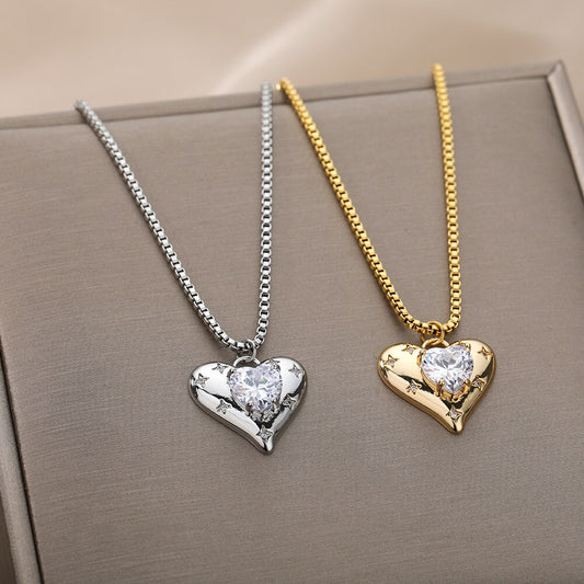 Rhinestone Heart Zircon Necklace Stainless Steel