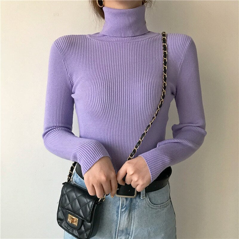 Ribbed Long Sleeve Turtle Neck Pullover