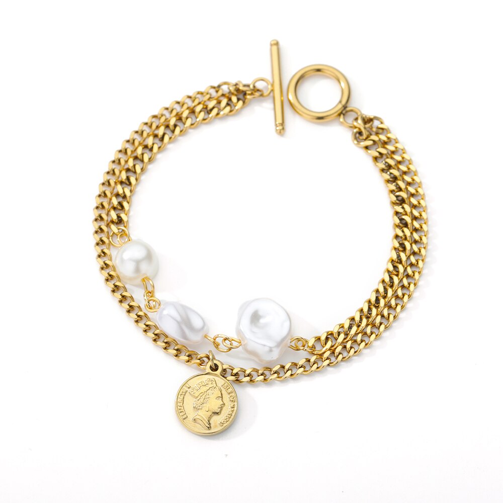 Buckle Coin Pendant Wrist Bracelets Imitation Pearl Metal Copper Chain Bracelet