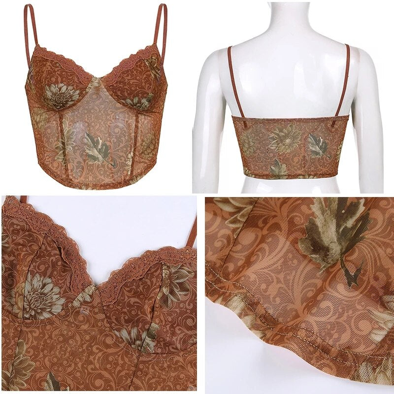 Floral Corset Style Lacy Auburn Top