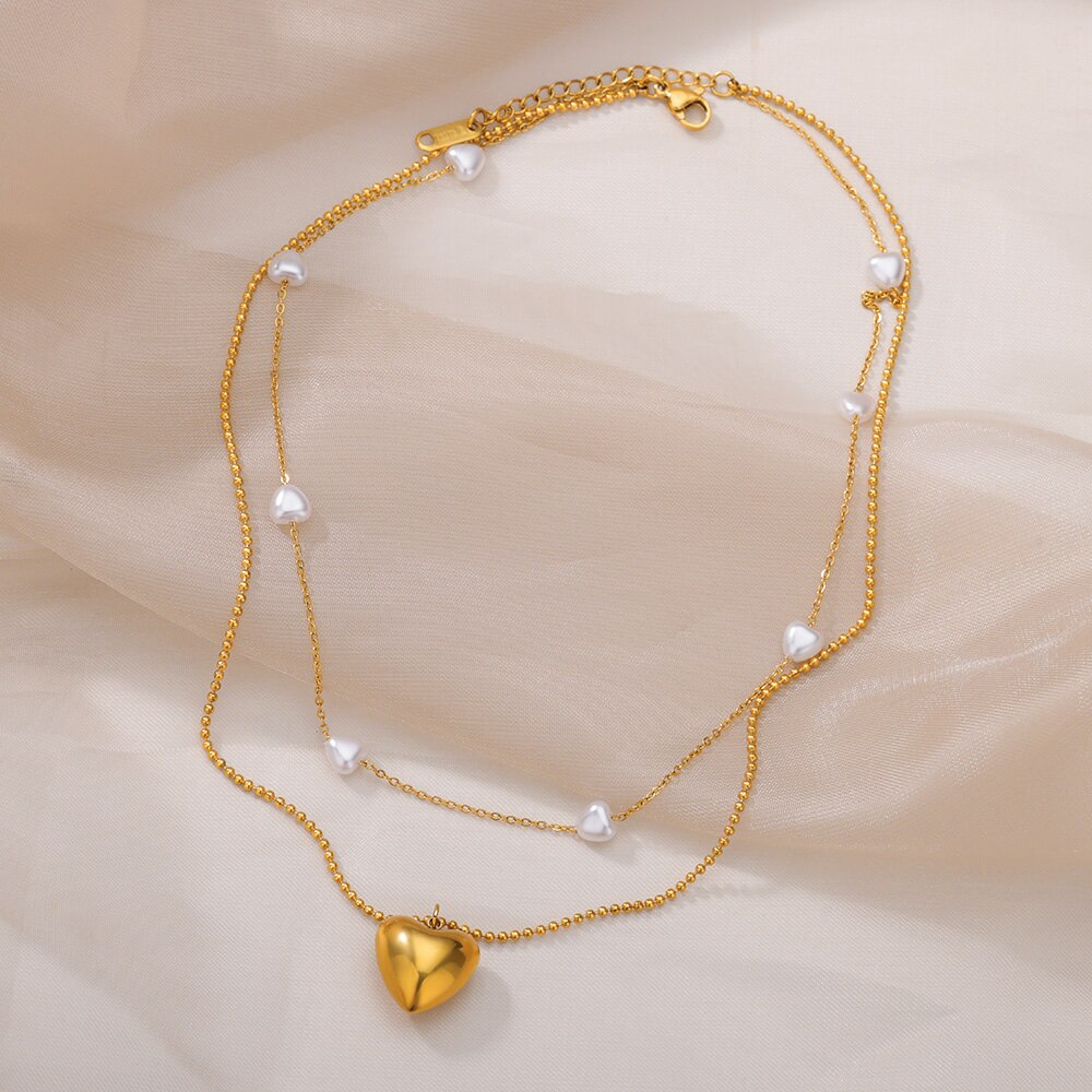 Multilayer Simulated Pearl Heart Necklace Stainless Steel Cable Ballchain