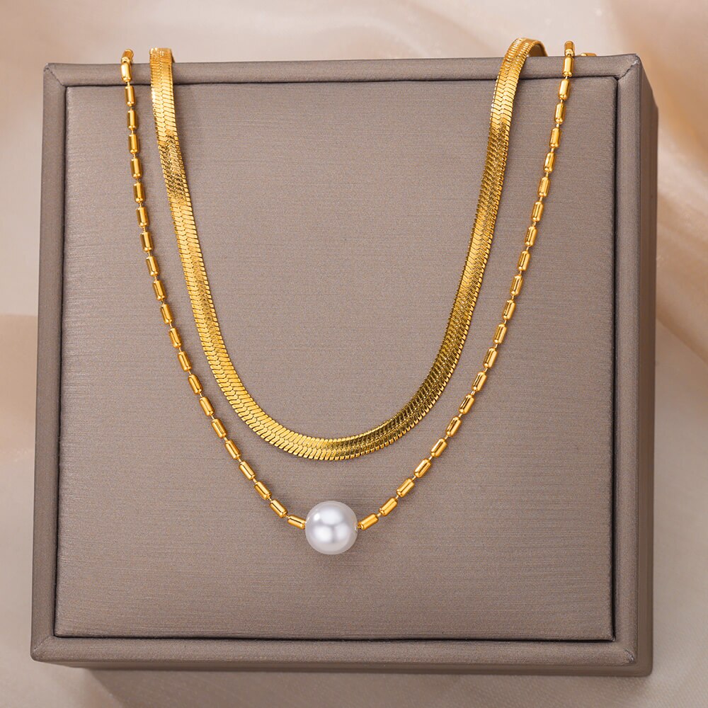 Pearl Beads Chic Exquisite Necklaces Stainless Steel Gold Color Double Snake Chain