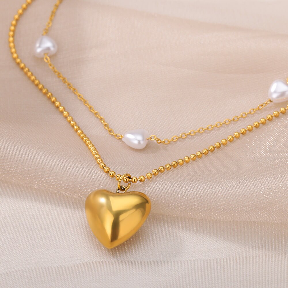 Multilayer Simulated Pearl Heart Necklace Stainless Steel Cable Ballchain