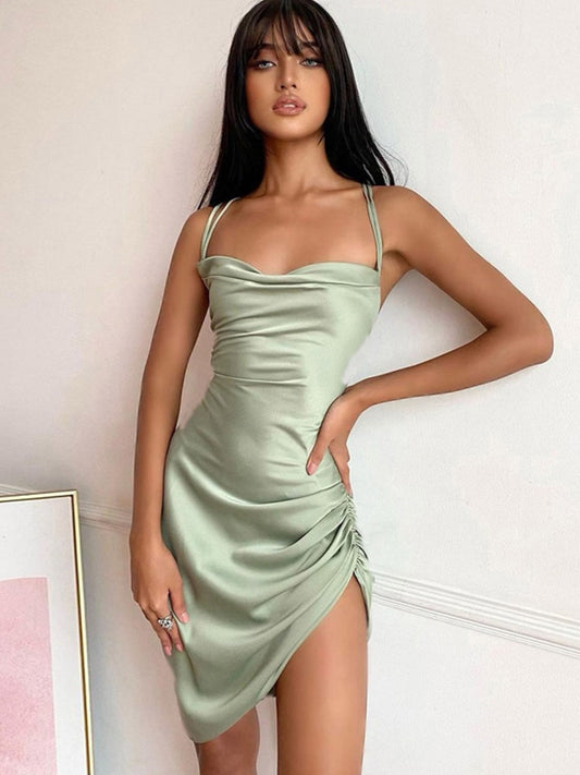 Ruched Satin Bodycon Mini Dress