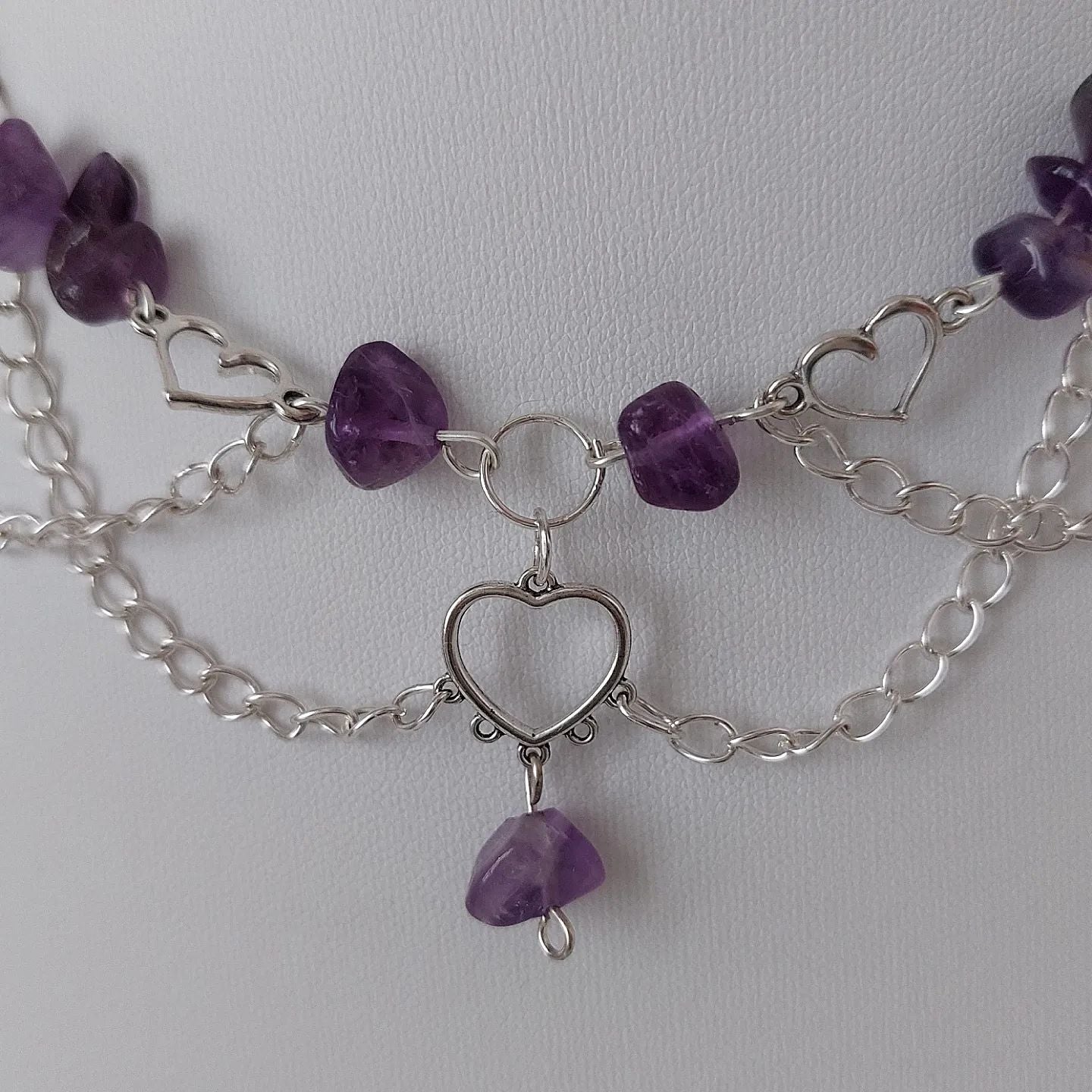 Amethyst Layered Heart Chain Beaded Necklace