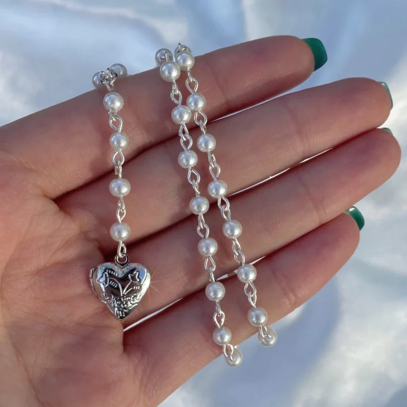 Faux Pearl Rosary Heart Locket Necklace