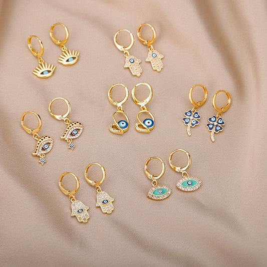 Gold Color Blue Evil Eye Hoop Earrings