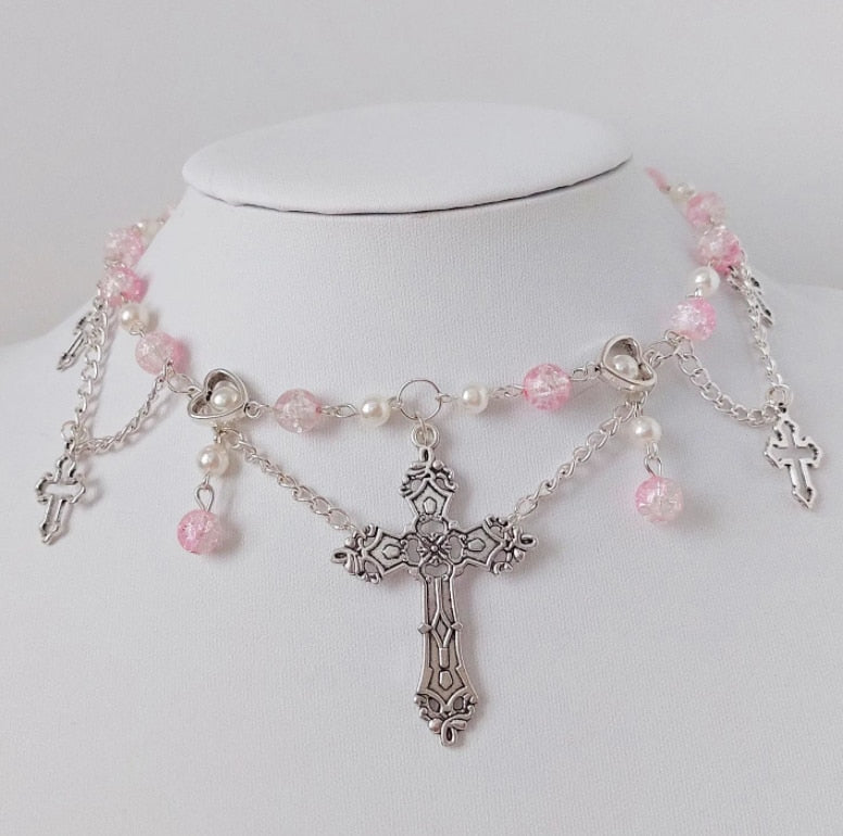 Pink Cross Fairy Grunge Beaded Necklace