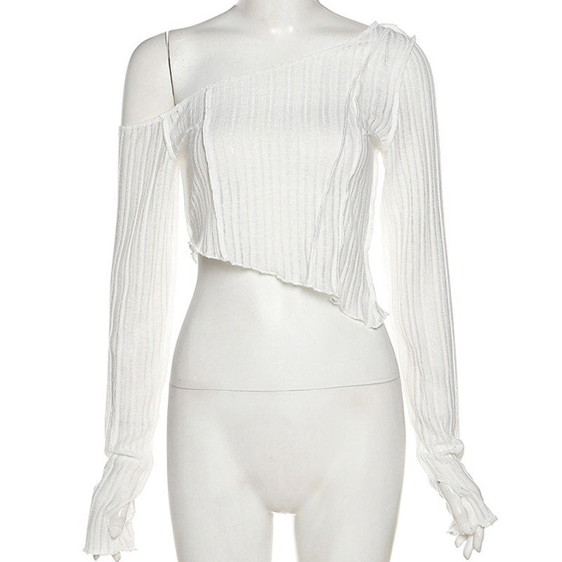 Asymmetrical  Ribbed Exposed Hem Detail Long Sleeve Top