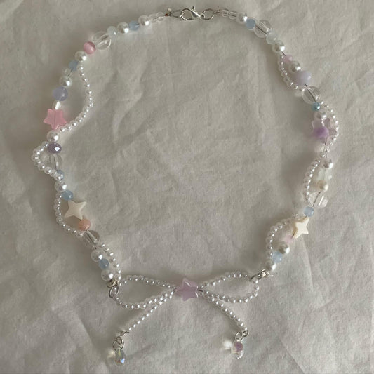 Cotton Candy Bow Beaded Necklaces Faux Pearls Stars