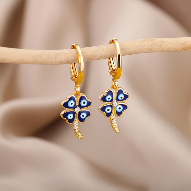 Gold Color Blue Evil Eye Hoop Earrings