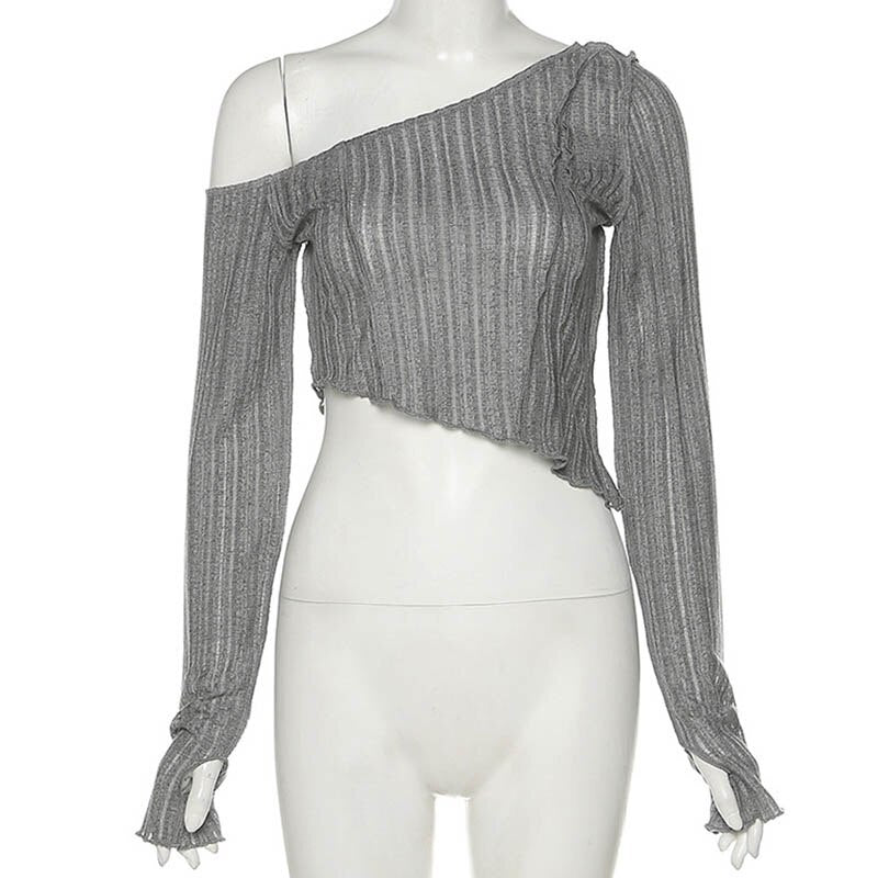 Asymmetrical  Ribbed Exposed Hem Detail Long Sleeve Top