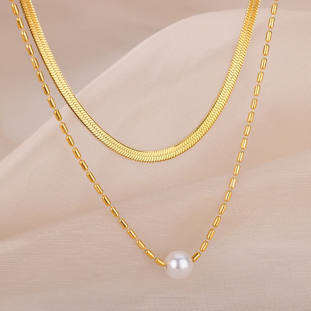 Pearl Beads Chic Exquisite Necklaces Stainless Steel Gold Color Double Snake Chain