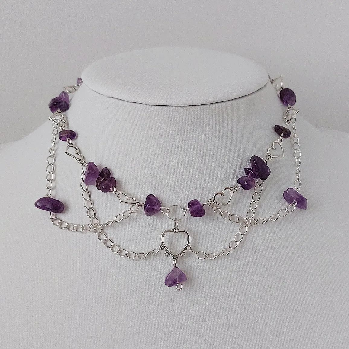 Amethyst Layered Heart Chain Beaded Necklace