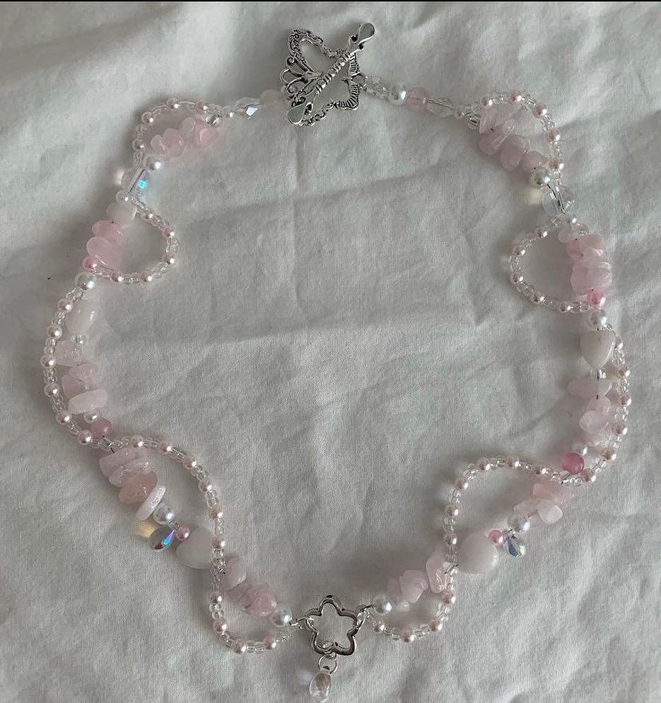 Cotton Candy Bow Beaded Necklaces Faux Pearls Stars