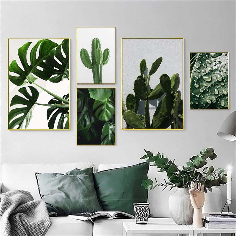 Green Tropical Plant Painting Monstera Cactus Poster Wall Art