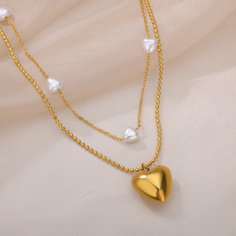 Multilayer Simulated Pearl Heart Necklace Stainless Steel Cable Ballchain