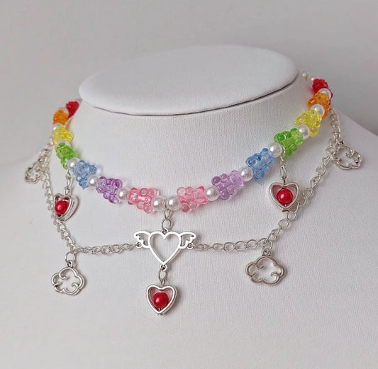 Cute Bright Colourful Rainbow Cloud Heart Beaded Necklace